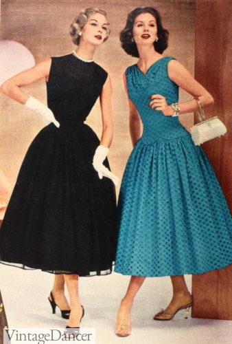 1950s cocktail dresses, black or teal, and a barrel purse 1957