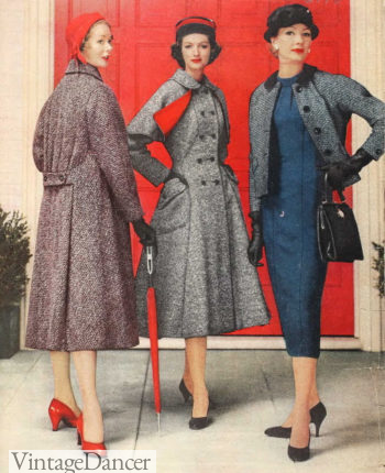 1957 swing back and princess coats and tweed textures