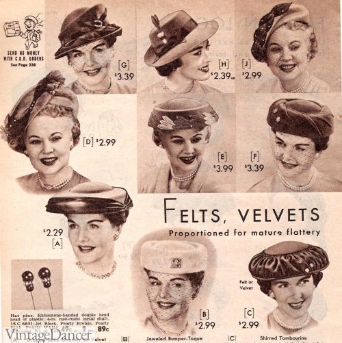1950s small hats for women made of felt and velvet 