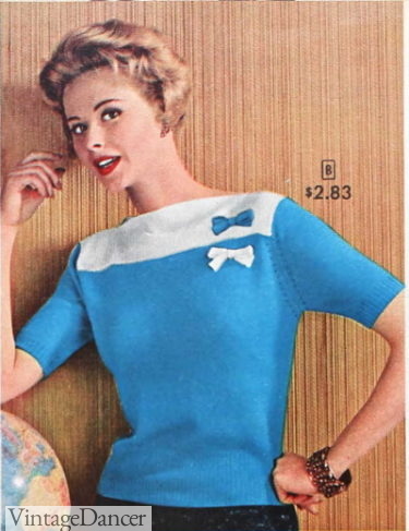 1957 Sabrina bateau neck top with bows 1950s