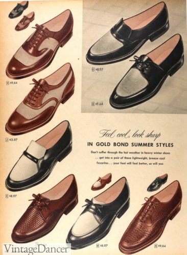 1957 two-tone shoes mens black and white or brown and white shoes oxford lace up and loafers shoes 1950s mens footwear,