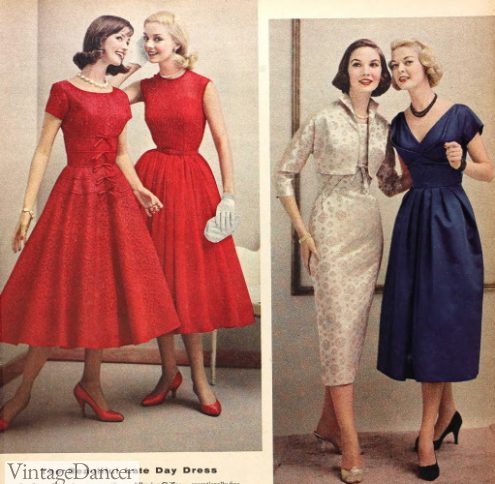 1950s cocktails dresses, 1957 party dresses in red