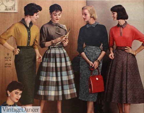 1950s skirt fashion, 1959 pencil and plaid swing skirts