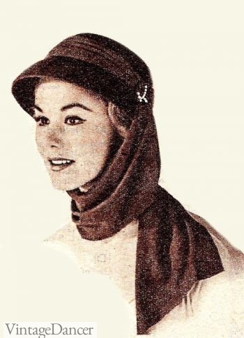 1957 cloche hat with chiffon scarf pinned at the sides