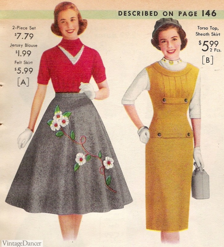 1950s skirt fashion history. 1957 Full and Sheath Skirt Silhouettes at VintageDancer.com