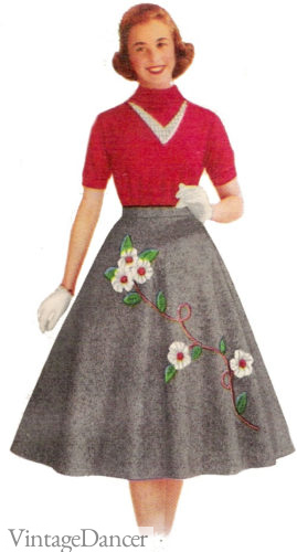 1957 felt "poodle" skirt with floral applique for teen girls 1950s
