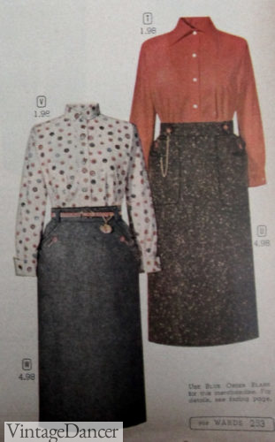 1957 wool pencil skirts with button down blouses