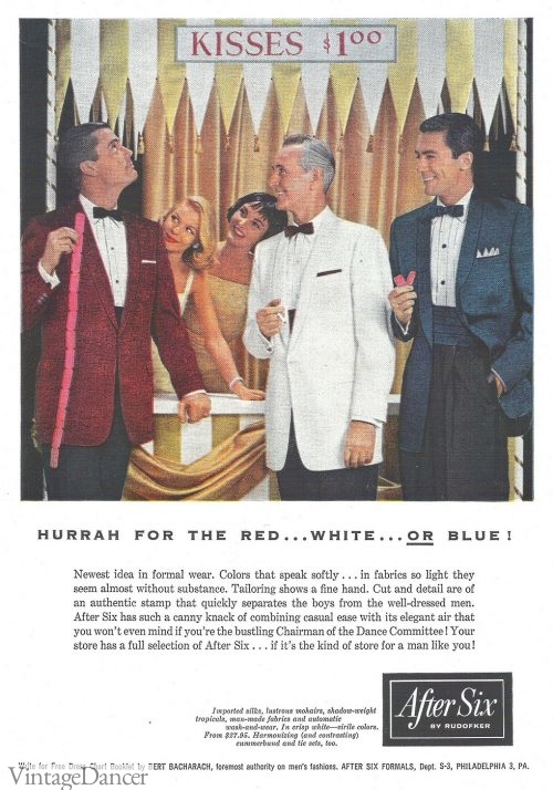 1958 After Six advertise "Red, white and blue" formal wear for men