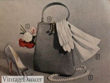 1950s accessoires: grey handbag and heels, white gloves and pearls