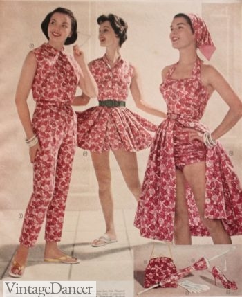 1958 matching jumpsuits, playsuit and bathing suit with skirt and accessories.