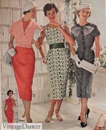 1950s sheath dresses also called wiggle dresses or pencil dresses today. VintageDancer.com