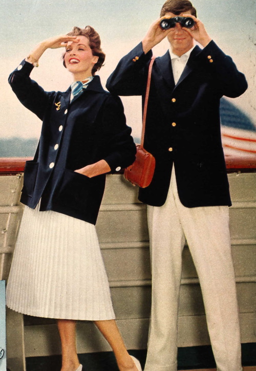 1958 "yacht" look of navy blazer nd white trousers
