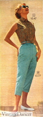 1950s teal blue pedal pusher capris pants women summer resort fashion 50s
