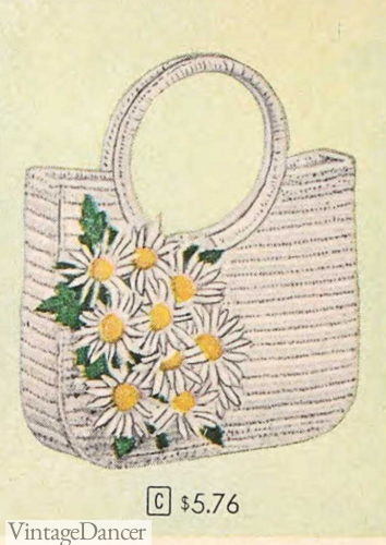 1958 white straw tote with daisy flowers