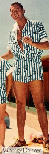 1958 swims shorts and cabana shirt with sandals