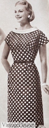 1950s plus size wiggle dresses in large polka dots. See more at VintageDancer.com/1950s