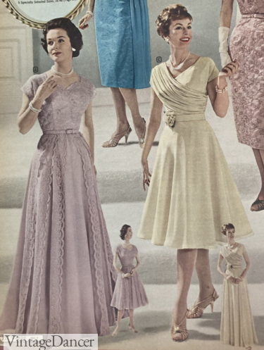 1959 lace and tulle long gown, satin cocktail dresses