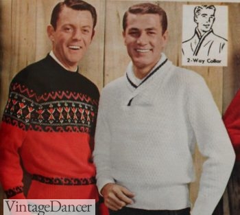 1950s mens sweaters: 1959 Men's shawl collar sweater (R) and ski sweater (L)