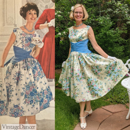1959 Montgomery Wards floral party dress and an almost identical vintage dress worn by Susan R