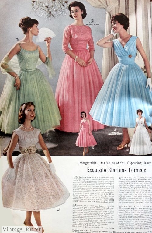 1950s formal evening prom party dresses and gowns, 1959 tulle prom and party dresses