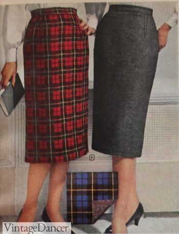 1950s winter skirts, plaid skirt, 1959 pencil skirts in solid and plaid