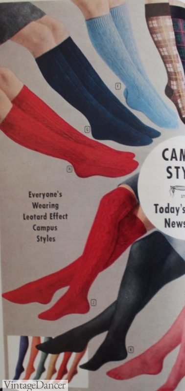 Women's socks advertised in 1959. Knee highs and over the knee socks were a popular alternative to ankle socks.