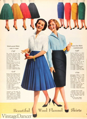 1950s skirt knee length full swing skirt vs a black pencil wiggle skirt 50s styles history