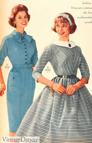 1950s dress styles with boww collar and white overcollars in teal blue or blue grey chevron stripes