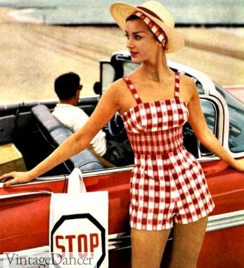 1959 check red shortalls playsuit