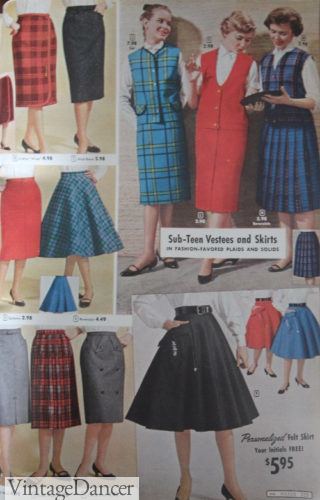1959 teenager girls fashion - pencil skirts, plaid skirts, felt skirts