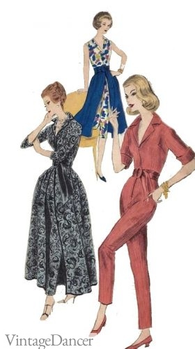 1959 hostess gown, casual dress (back) and jumpsuit