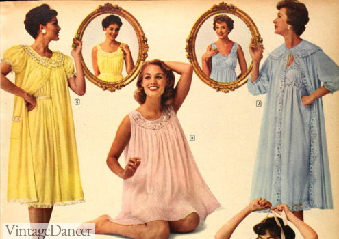 1950s Sears peignoir sets in yellow, pink or blue. Midi and babydoll peignoir sets