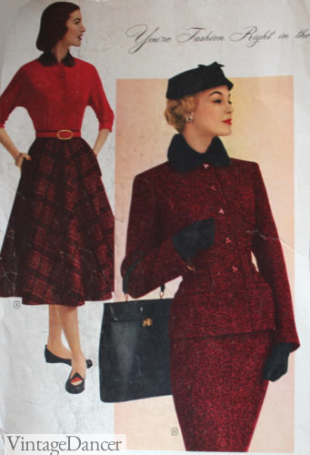 1950s winter outfits - 1959 swings skirt with sweater and tweed suit