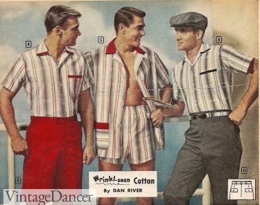 1959 men's shorts, swimsuit or trousers with striped camp/cabana shirt