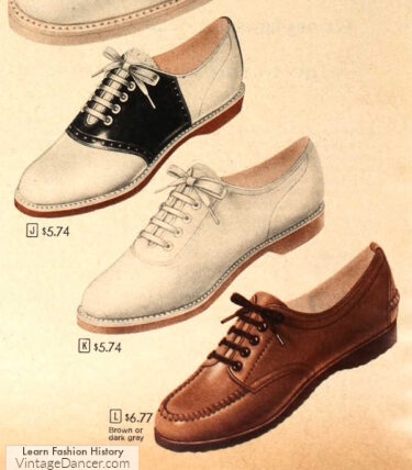 1950s school shoes teen girls saddle shoes, white bucks, brown moccasins