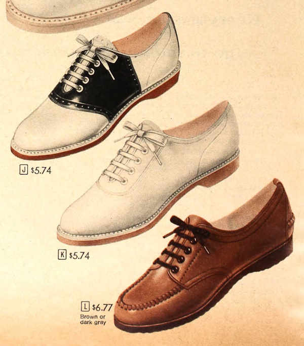1950s Shoe Styles History And Shopping Guide 1959 Teen Saddle White Bucks Brown Loafer Shoes
