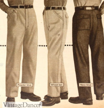 1959 light blue, wheat, and navy blue denim work jeans