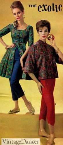 1960 short hostess dress over pants capri cigarette Asian print tunic tops over capris