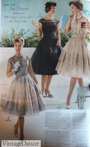 1960, cream or black lace tea length evening dresses