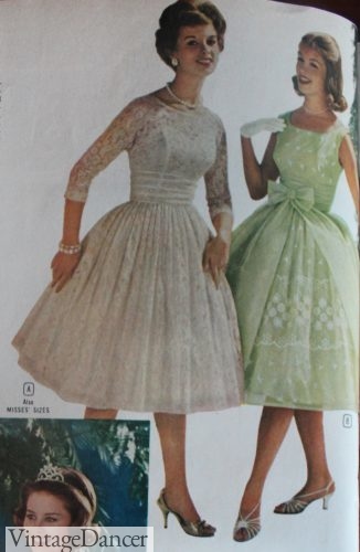 1960, cream or green lace evening dresses
