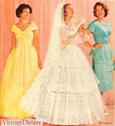 1960 lace tiered wedding dress with yellow bridesmaid and teal mothers' dress