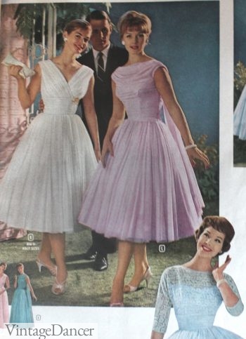 1960, tulle swing dresses in white or lavender