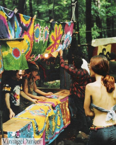 Tie Dye hippie shirt booth appearing at 1969 Woodstock