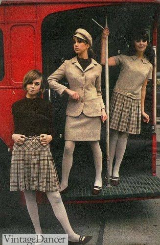 1960s fall skirts, suit and dress with tights and two tone flats