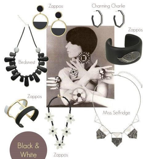 1960s style jewelry in black and white mod themes