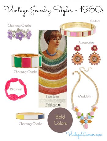 1960s style jewelry in bold colors. Perfect for your mod outfit.