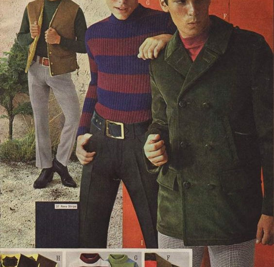 British mod style: ribbed striped shirts, skinny pants, wide belts, caps