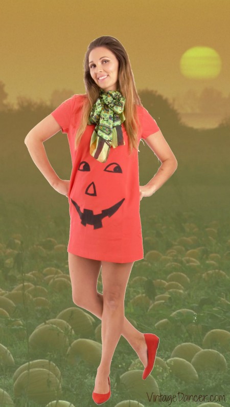 1960s pumpkin retro Halloween costume. So cute and easy to DIY. Get this and other vintage costume ideas at VintageDancer.com