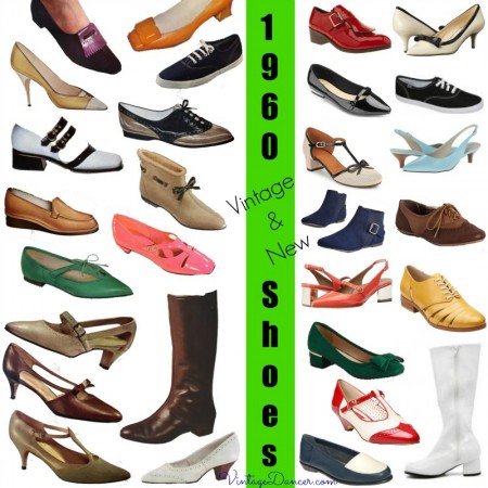1960s shoes. Vintage and new 1960s shoe styles. So many fun designs, bright colors, and on trend this year too. Learn and shop at vintagedancer com