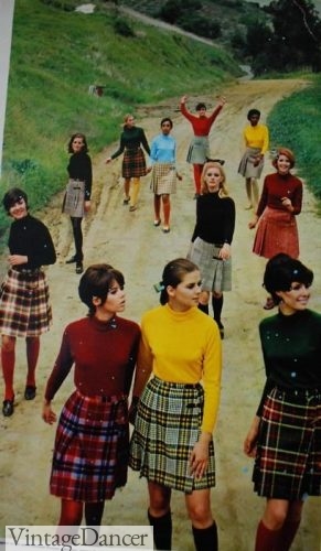 1960s "School girl" outfits with plaid pleated skirts and turtle neck shirts
